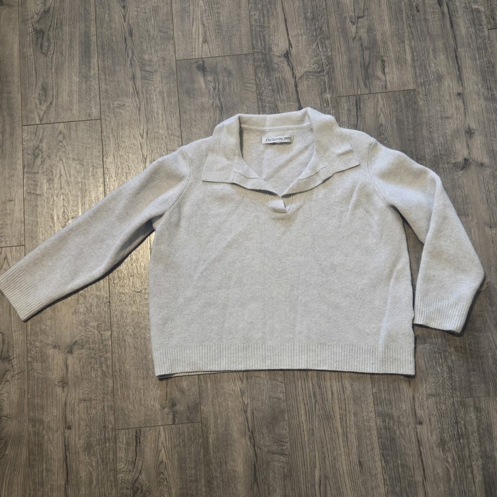 Outerknown Womens Collared V Neck Sweater Sz M Gray 100% Geelong Wool Preppy